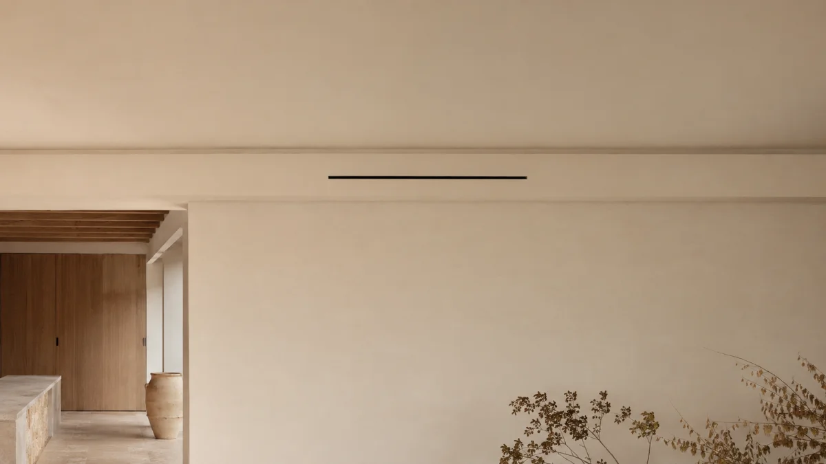 Mur enduit clair, fine fente linéaire noire intégrée sous le plafond, placards bois au fond