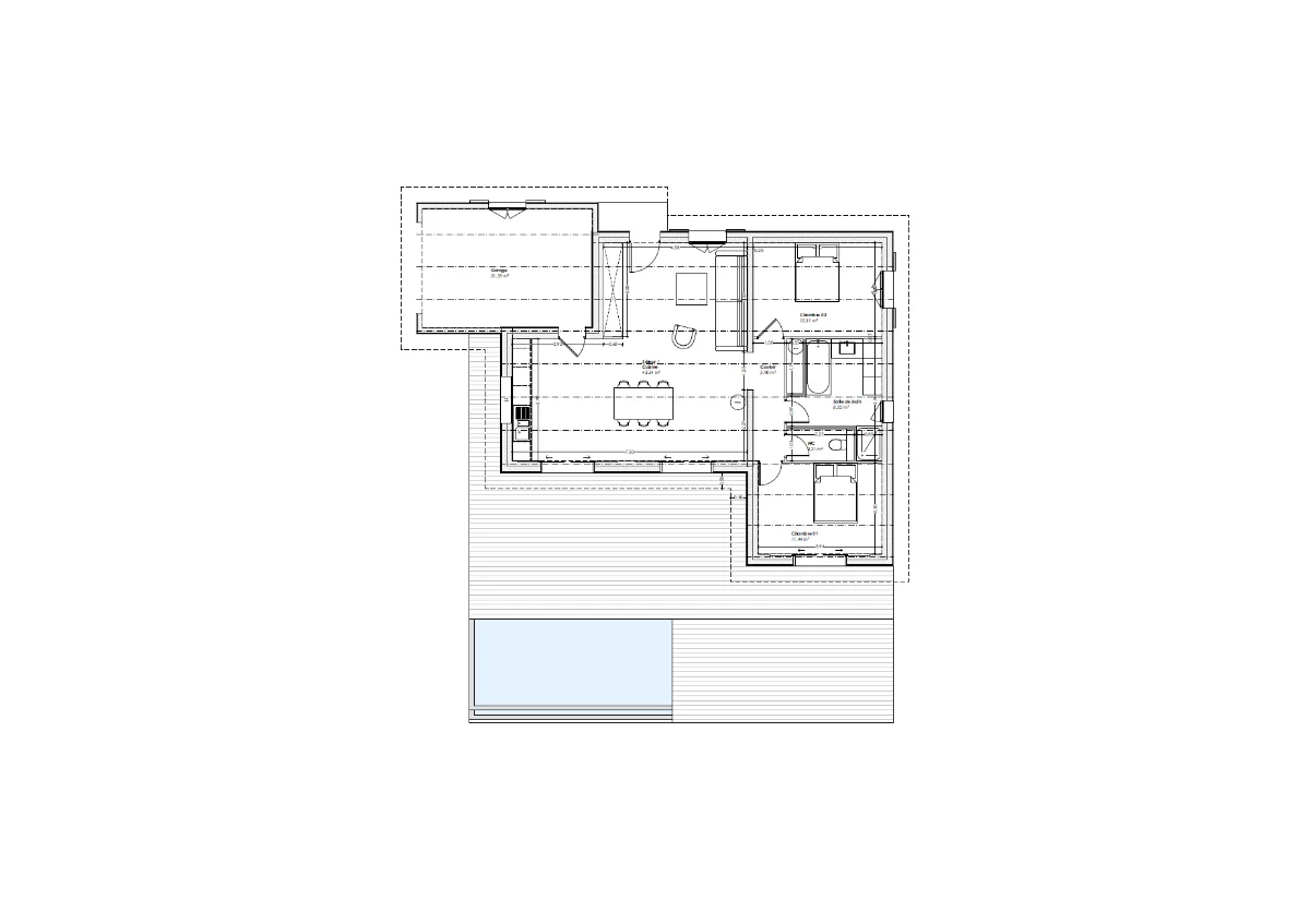 Plan du rez-de-chaussée — Villa Ardèchoise, garage, séjour, deux chambres, terrasse et piscine