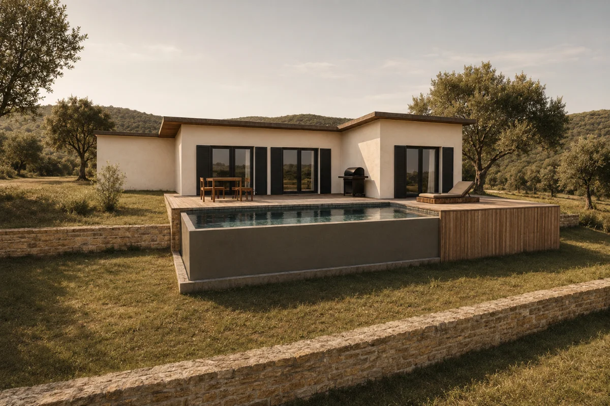Perspective 3D — Villa Ardèchoise, façade sud, terrasse bois, piscine et restanques en pierre