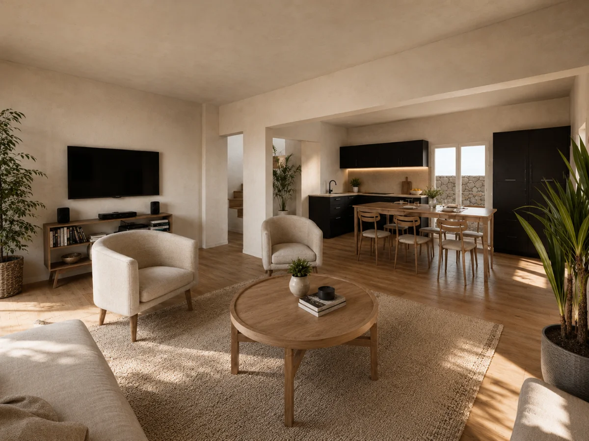 Perspective 3D — Villa Siblas, séjour ouvert sur la cuisine noire, parquet et lumière chaude