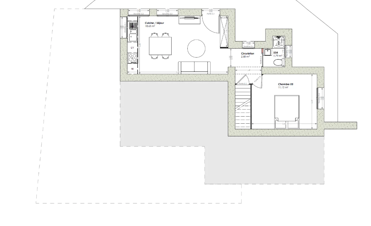 Plan du rez-de-chaussée — Villa Siblas, T2 avec cuisine-séjour, chambre et salle de bains