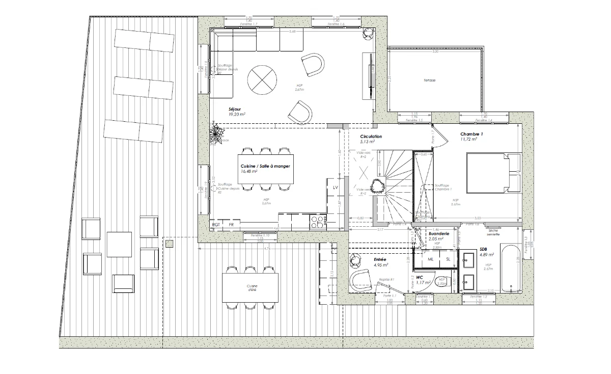 Plan du R+1 — Villa Siblas, séjour, cuisine, chambre et grande terrasse bois avec cuisine d'été