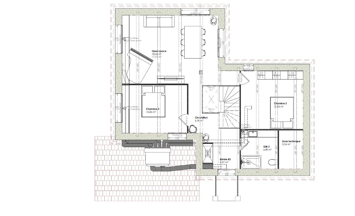 Plan du R+2 — Villa Siblas, open space, deux chambres, salle de bains, gaines de soufflage