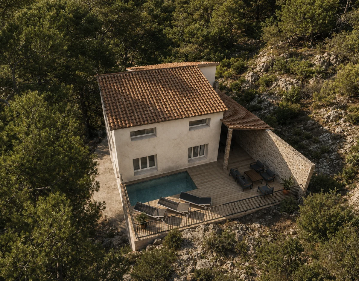 Perspective 3D aérienne — Villa Siblas, toit de tuiles, terrasse bois et piscine parmi les pins