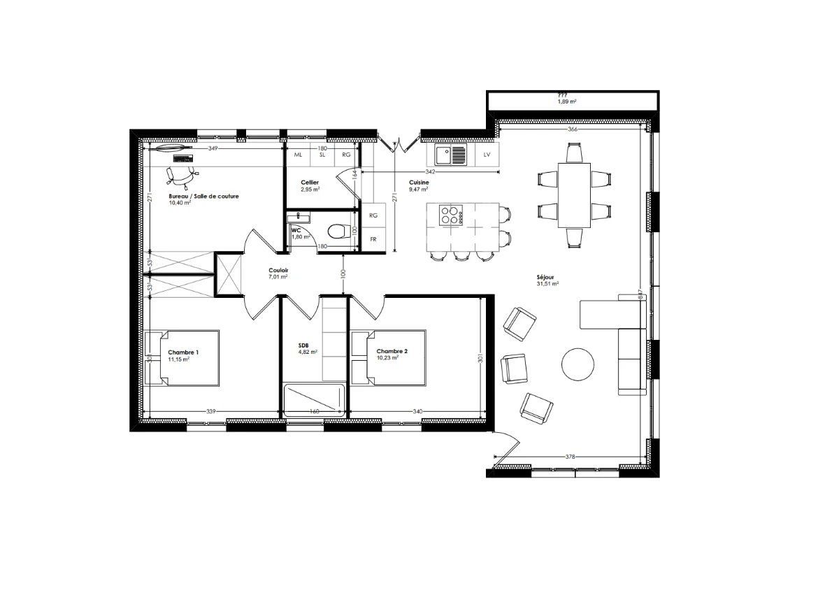 Plan de niveau — Villa Ortolan, séjour, cuisine, cellier, bureau et deux chambres