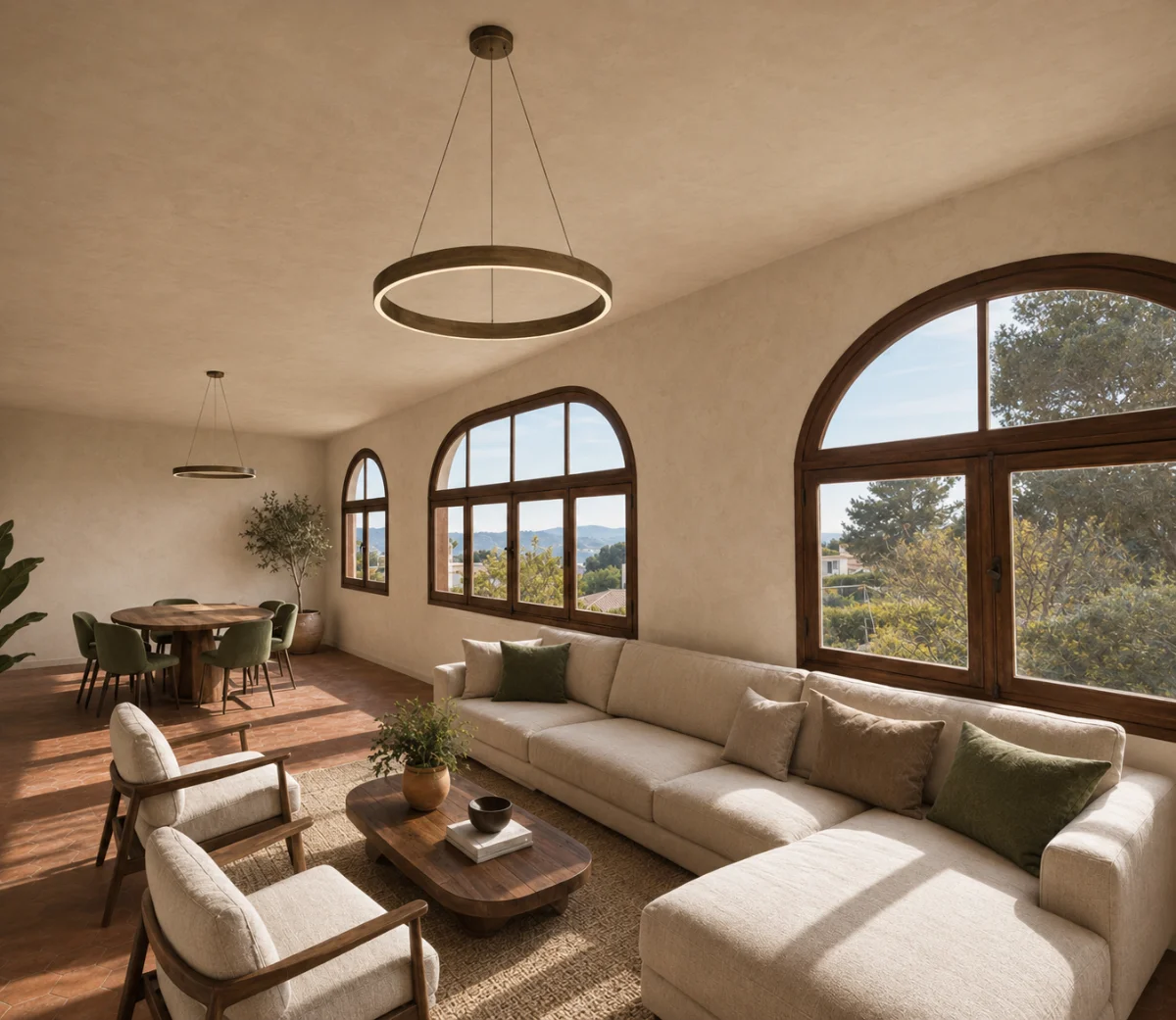 Perspective 3D — Villa Ortolan, séjour aux fenêtres cintrées, tomettes et vue sur les collines
