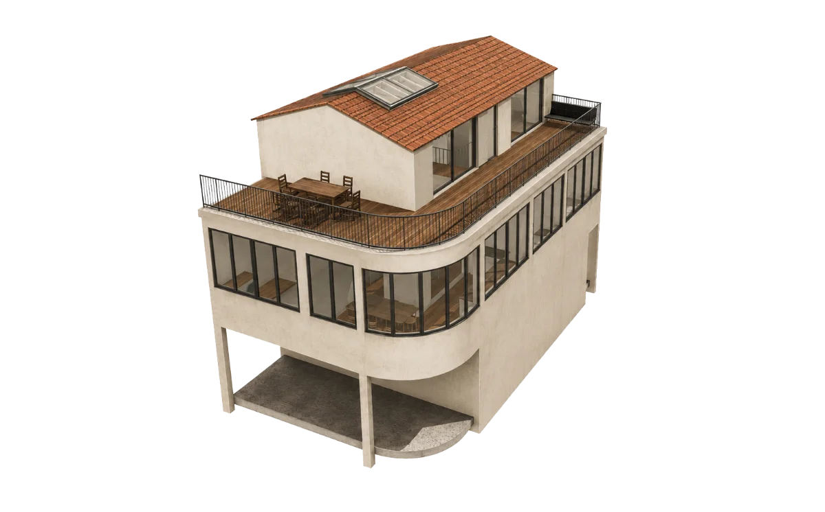 Perspective 3D — Loft Palavas, vue aérienne, étage vitré, toit-terrasse en bois et toiture en tuiles