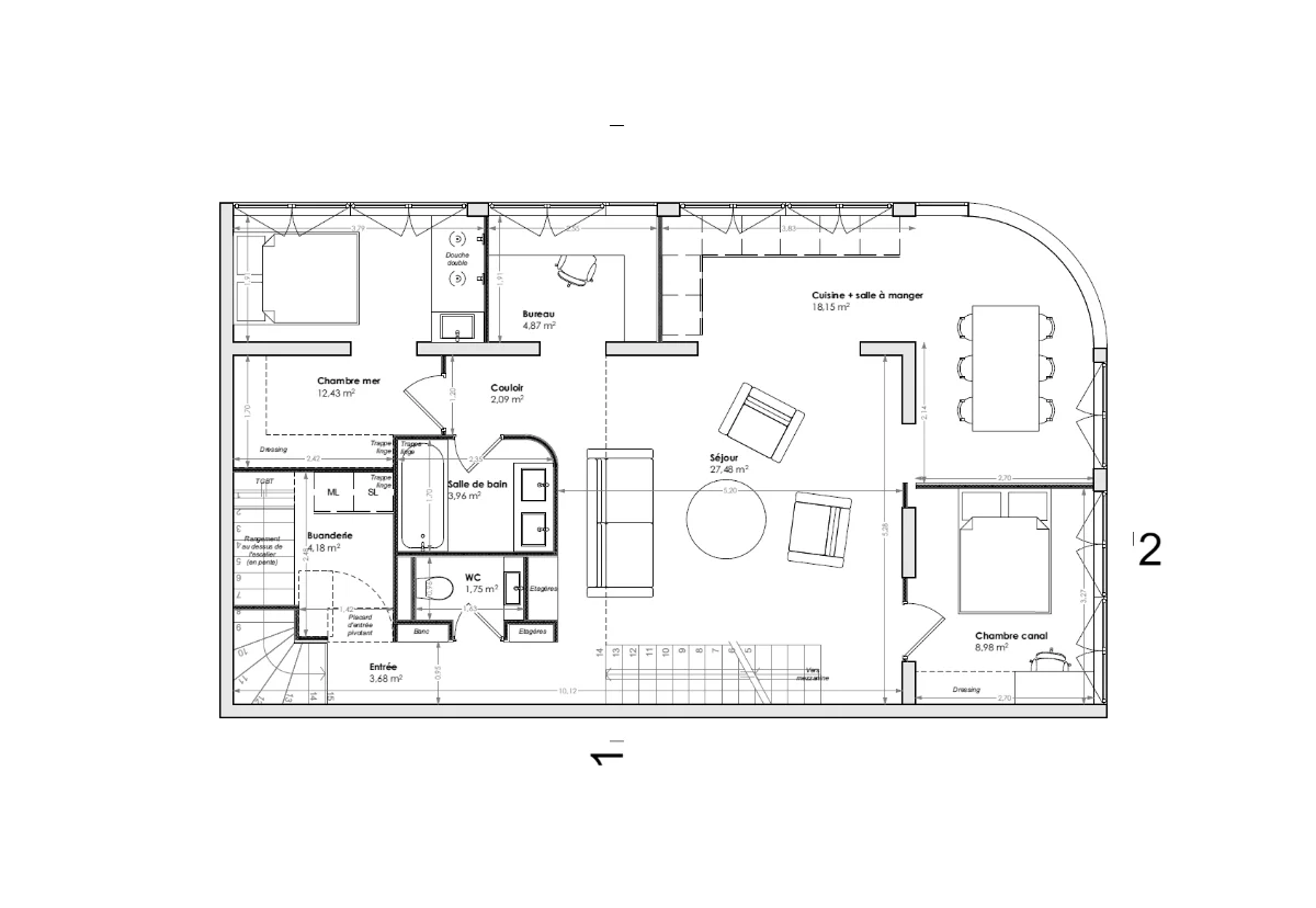 Plan — Loft Palavas, niveau principal : séjour, cuisine, deux chambres, bureau et salle de bain