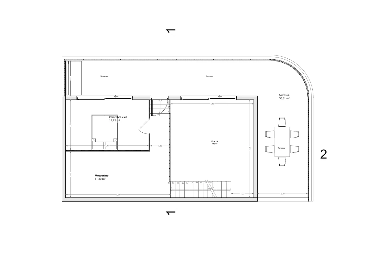 Plan — Loft Palavas, niveau mezzanine : chambre, vide sur séjour et toit-terrasse