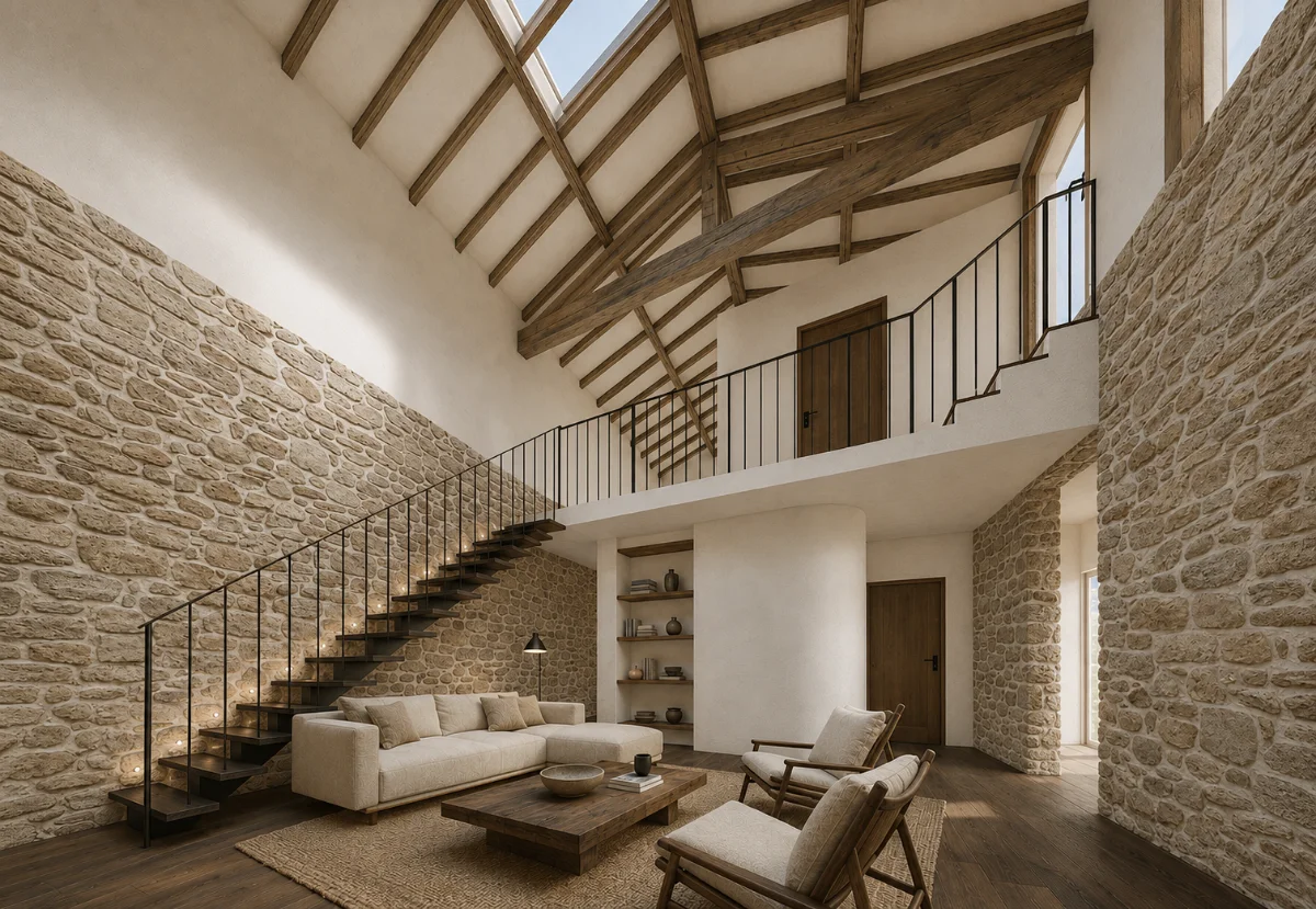 Perspective 3D — Loft Palavas, séjour cathédrale sous charpente bois, murs en pierre et mezzanine