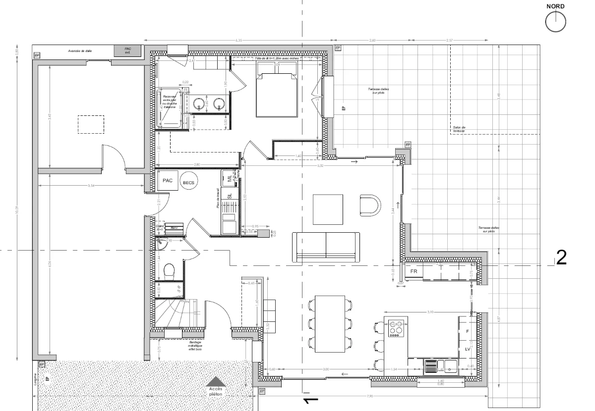 Plan du rez-de-chaussée — Eden Moderne, pièce de vie, chambre, garage et terrasse sur plots
