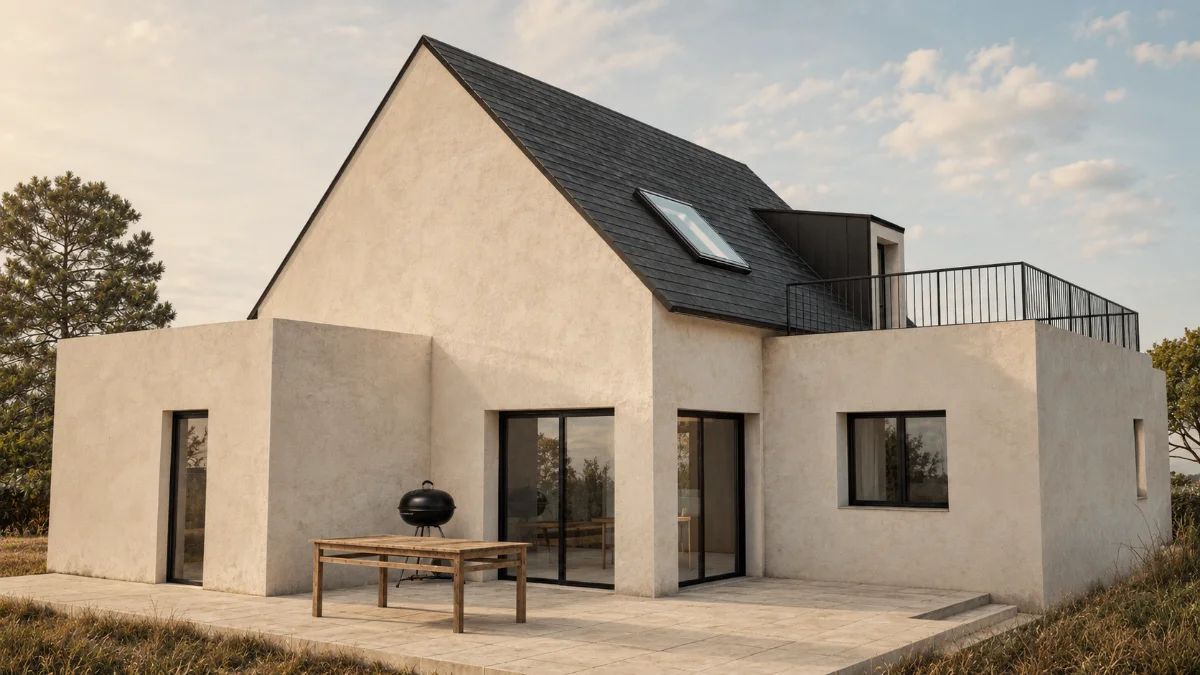 Perspective 3D — Eden Moderne, maison à enduit clair, toiture ardoise et toit-terrasse