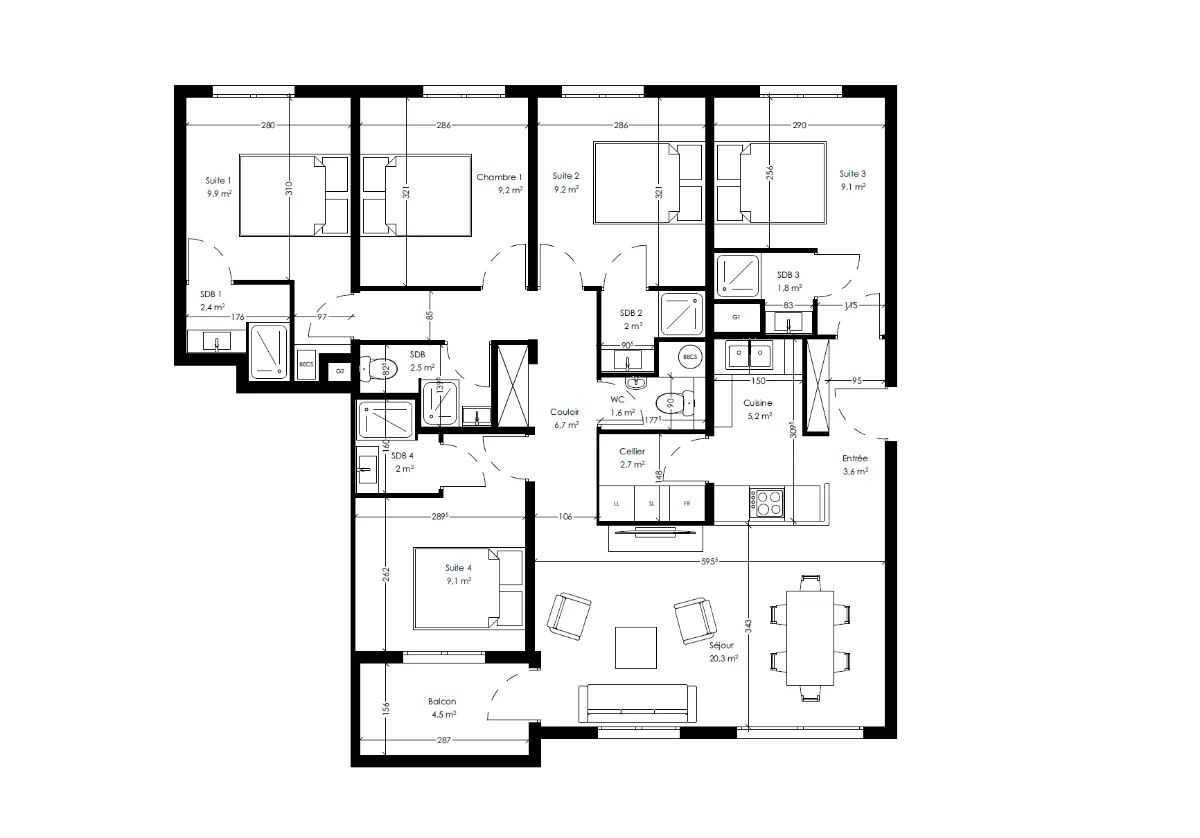 Plan — Coloc des Musiciens, cinq chambres de surface proche, salles d'eau, séjour et balcon