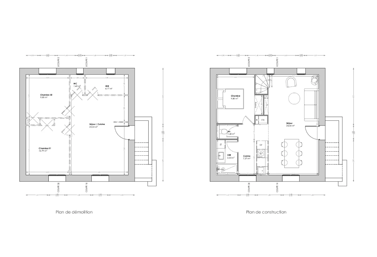 Plans — Maison Giens, rez-de-chaussée, démolition et construction