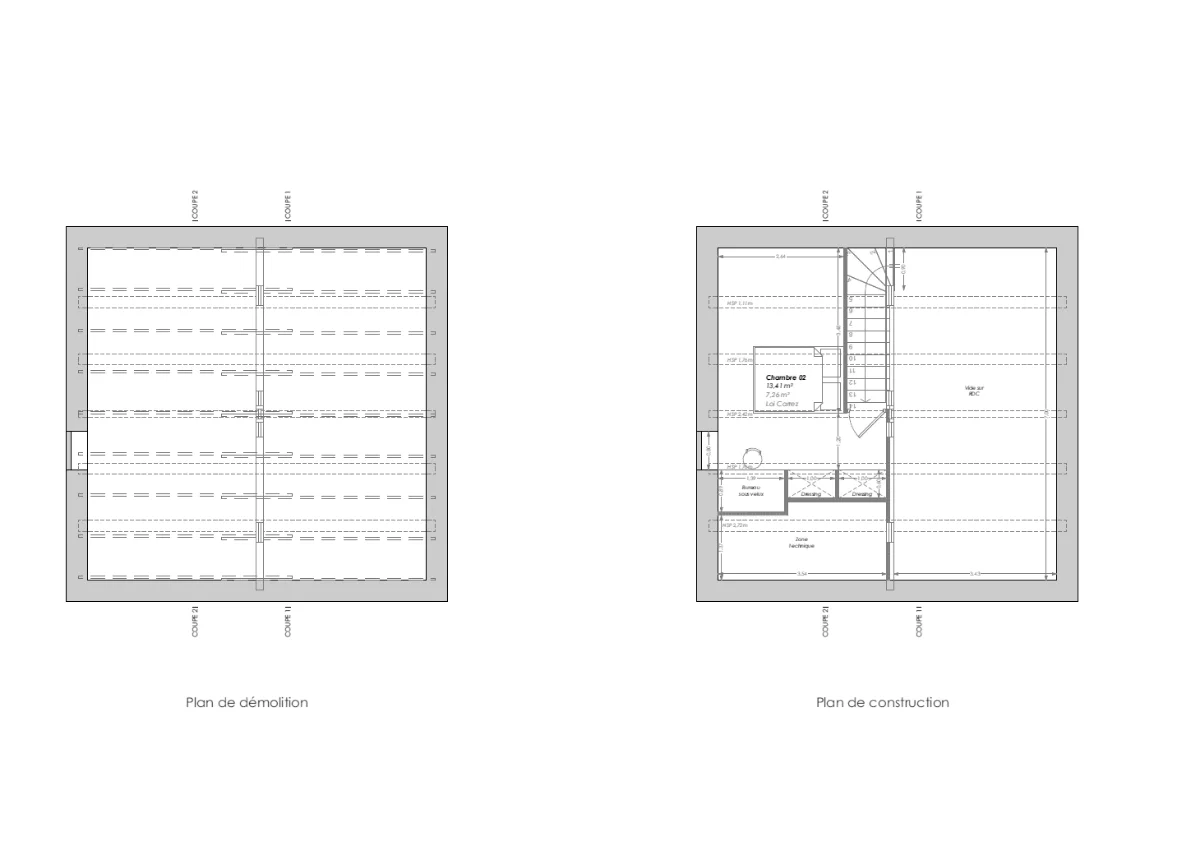 Plans — Maison Giens, étage sous combles, démolition et construction, chambre et vide sur séjour