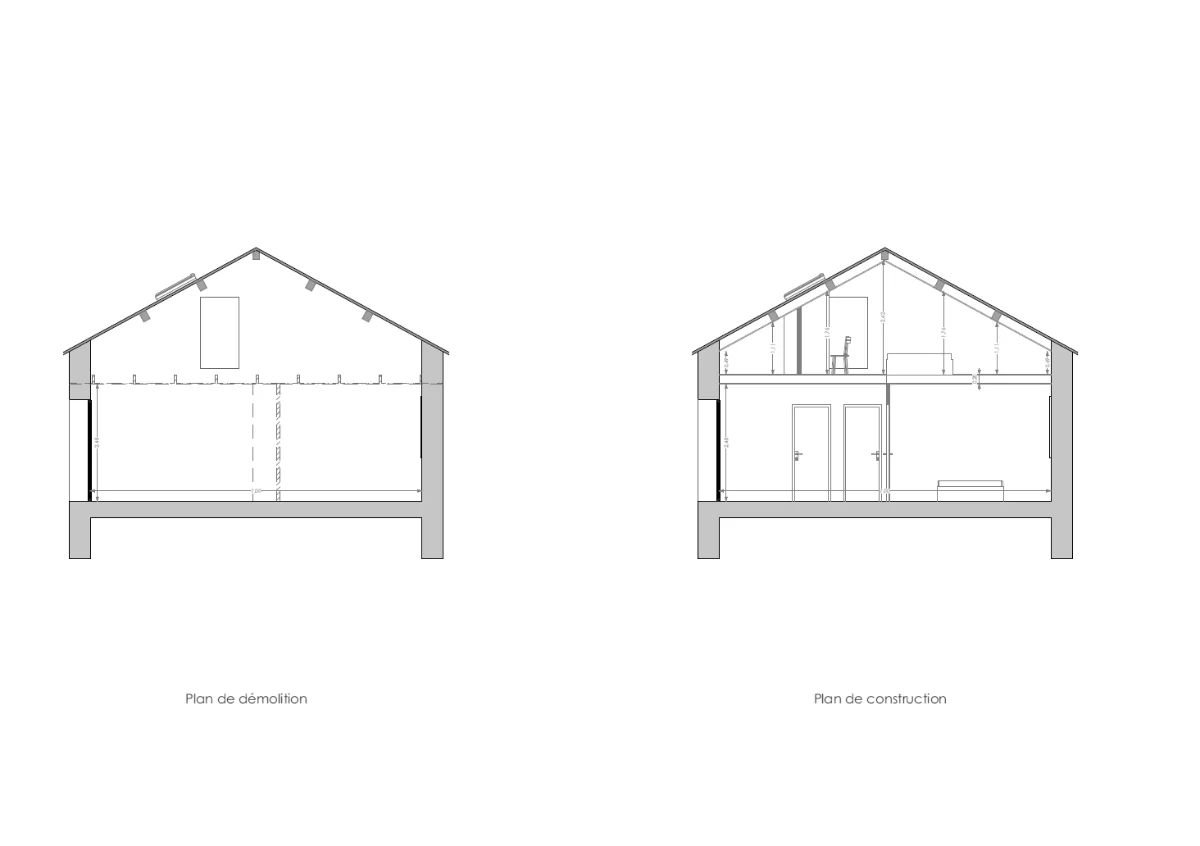Coupe — Maison Giens, existant et projet, nouveau plancher d'étage sous les combles