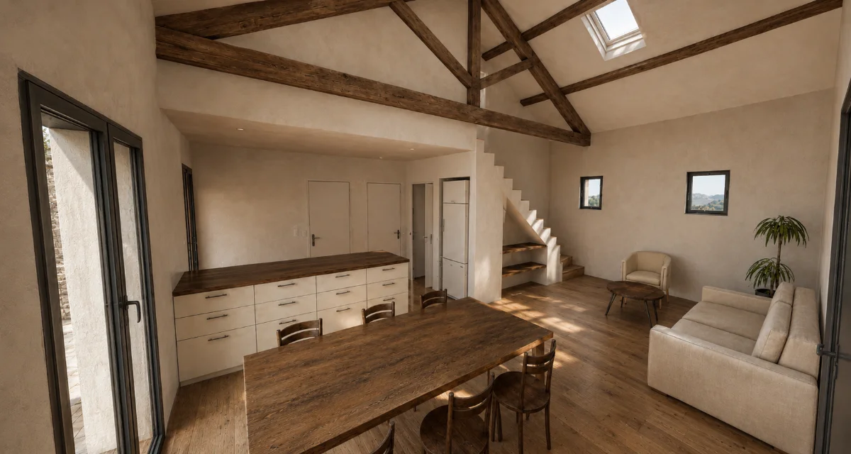 Perspective 3D — Maison Giens, séjour cathédrale aux poutres apparentes, cuisine et escalier